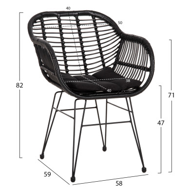 ARMCHAIR WITH SEAT CUSHION METAL FRAME ALLEGRA HM5450.32 BLACK RATTAN IN WICKER 58x59x82H