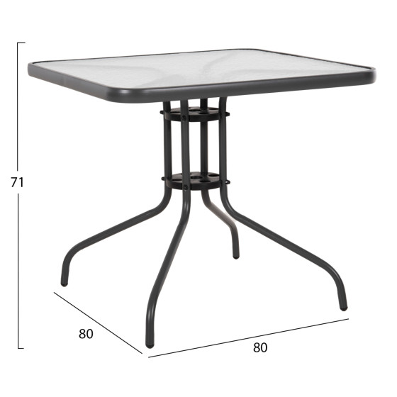 OUTDOOR TABLE SQUARE FIGO HM5972.01 GREY METAL-GLASS TABLETOP 80Χ80Χ71Hcm