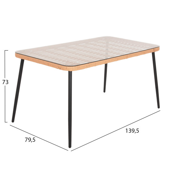 DINING TABLE RECTANGULAR ALLEGRA HM5537.11 BLACK METAL-P.E. RATTAN IN NATURAL 139,5x79,5x73Hcm.