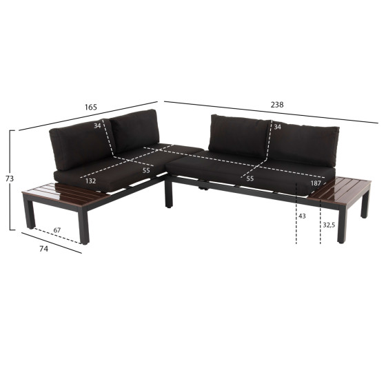 OUTDOOR LOUNGE SET DEX 3PCS POLYMORPHIC HM6090 ALUMINUM IN ANTHRACITE & BROWN-BLACK CUSHIONS