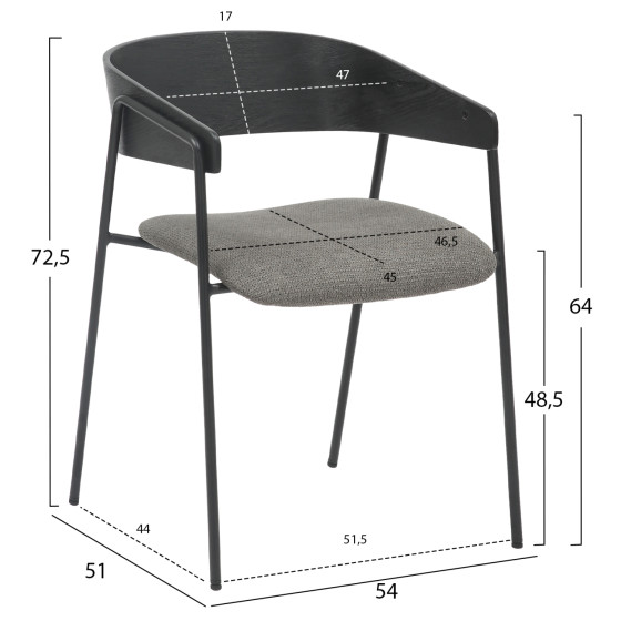 DINING CHAIR KORIN HM9975.02 METAL & PLYWOOD IN BLACK-GREY FABRIC 54x51x72,5Hcm.