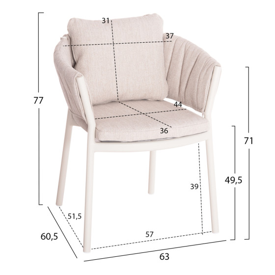 DINING CHAIR SHANKS HM6207.02 CREAM WHITE ALUMINUM & BEIGE OLEFIN FABRIC 63x60.5x75-77Hcm.