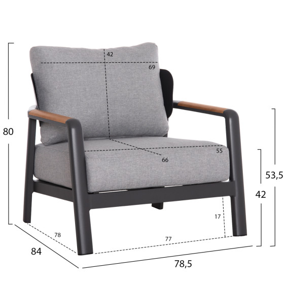 OUTDOOR LOUNGE SET 4PCS ELARA HM6195.01 DARK GREY ALUMINUM-GREY OLEFIN-TEAK WOOD