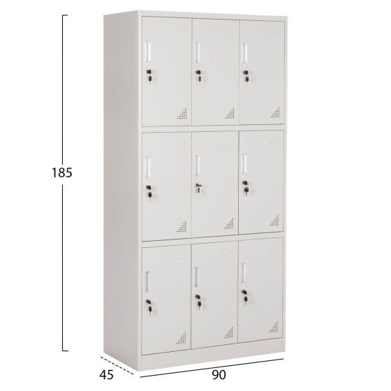 LOCKER METALLIC MALMOE HM5636.11 9 CABINETS WITH KEY LOCKS IN LIGHT GREY 90x45x185Hcm.