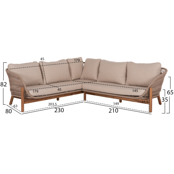 OUTDOOR LOUNGE CORNER 3PCS SET SANJI HM6223 ACACIA WOOD-ALUMINUM FRAME-ROPE