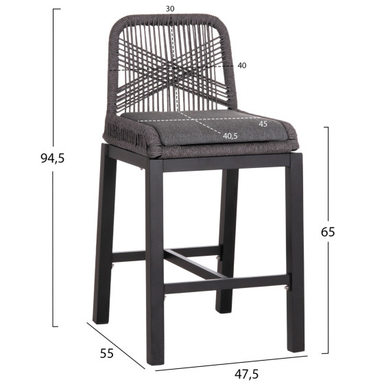 BAR STOOL MEDIUM HEIGHT HOWARD HM5791.23 ALUMINUM IN BLACK--DARK GREY ROPE 47.5x55x94.5Hcm.