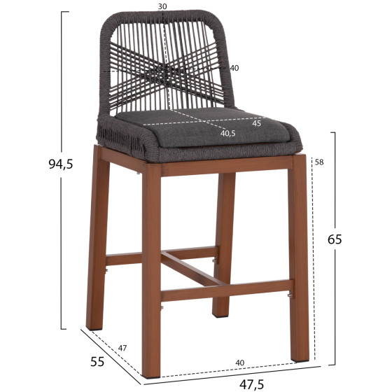 BAR STOOL MEDIUM HEIGHT HOWARD HM5791.22 ALUMINUM IN BROWN--DARK GREY ROPE 47.5x55x94.5Hcm.
