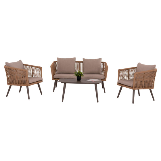 OUTDOOR LOUNGE 4PCS SET FREJA HM6057.04 ALUMINUM IN CAPPUCCINO-PE RATTAN & CUSHIONS IN BEIGE