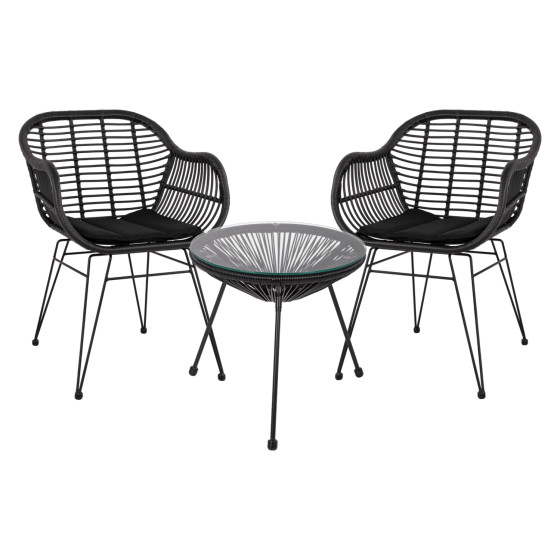 OUTDOOR LOUNGE SET HM11871 3PCS METAL & RATTAN IN BLACK COLOR