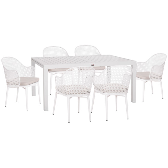 OUTDOOR DINING SET KRUM HM21147 DINING TABLE WITH 6 ARMCHAIRS--WHITE ALUMINUM