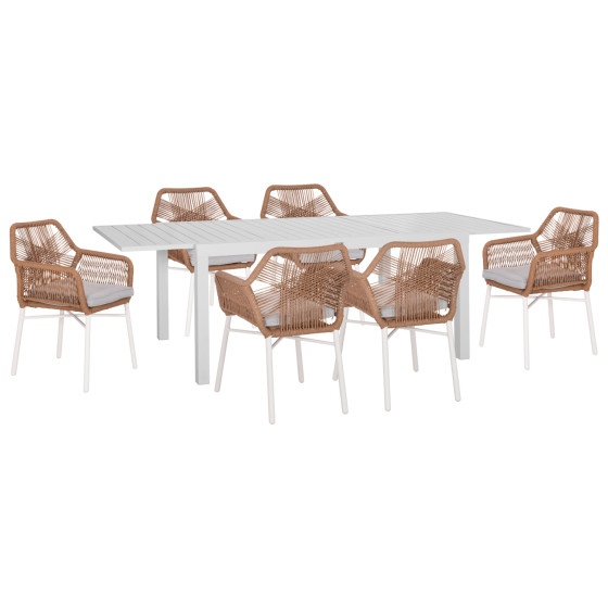 OUTDOOR DINING SET 7PCS KRUM HM21132 WHITE ALUMINUM--P.E.TWISTED RATTAN