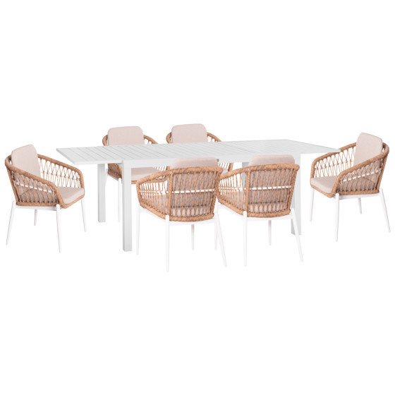 OUTDOOR DINING SET 7PCS KRUM HM21149 WHITE ALUMINUM--P.E. RATTAN