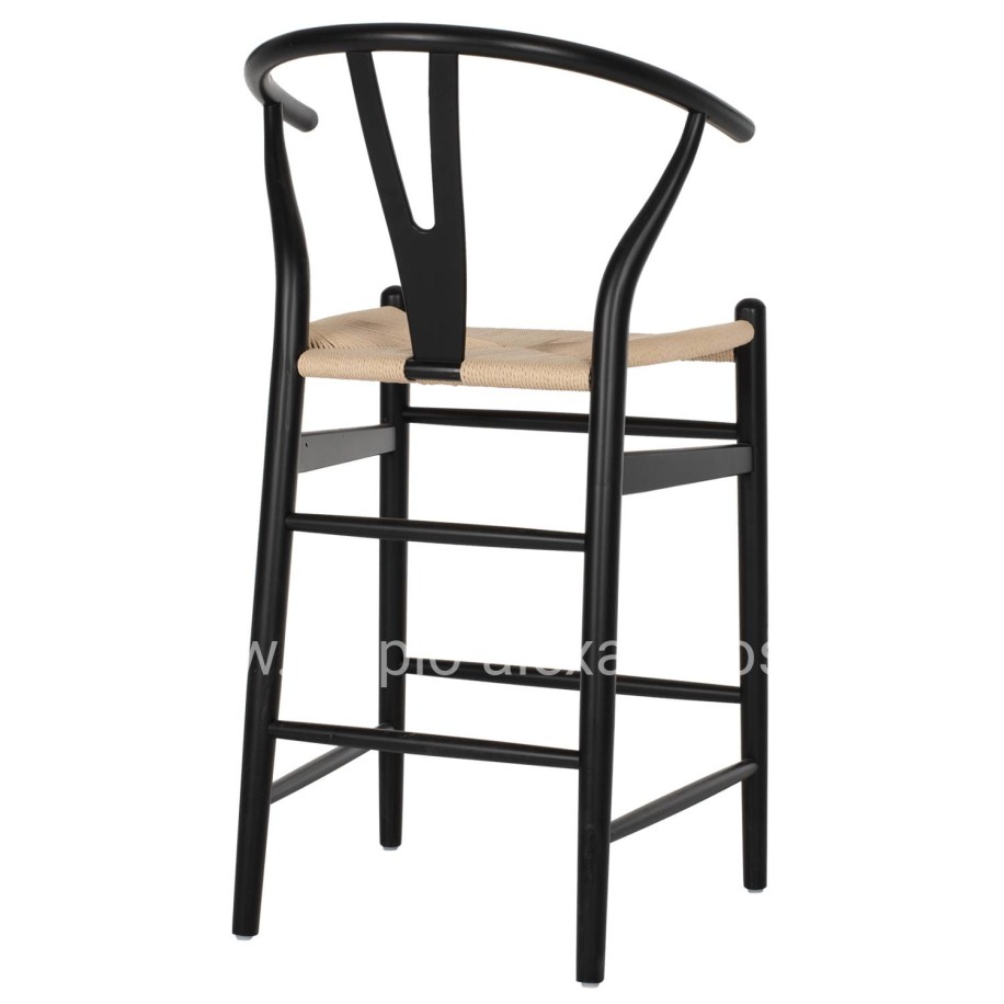 BAR STOOL BRAVE HM9405.02 WITH WISHBONE BACK BEECH WOOD BLACK--WHITE ROPE 48x53x100Hcm.