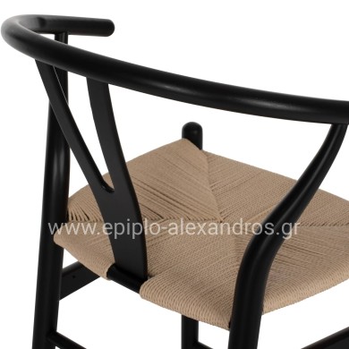 BAR STOOL BRAVE HM9405.02 WITH WISHBONE BACK BEECH WOOD BLACK--WHITE ROPE 48x53x100Hcm.
