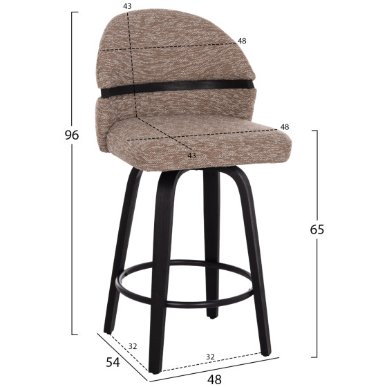 BAR STOOL SWIVEL DEKKER HM18250.02 PLYWOOD IN BLACK--FABRIC IN BROWN 48x54x96Hcm.