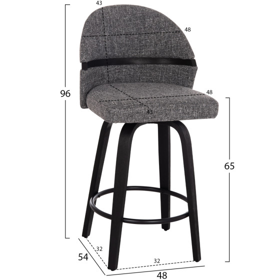 BAR STOOL SWIVEL DEKKER HM18250.03 PLYWOOD IN BLACK--FABRIC IN GREY 48x54x96Hcm.