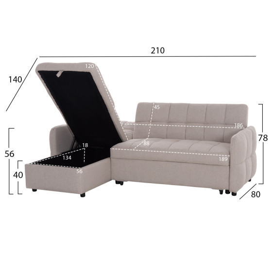 CORNER SOFABED REVERSIBLE NEZU HM3294.02 BEIGE FABRIC 213x145x83Hcm.