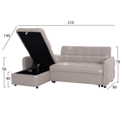 CORNER SOFABED REVERSIBLE NEZU HM3294.02 BEIGE FABRIC 213x145x83Hcm.