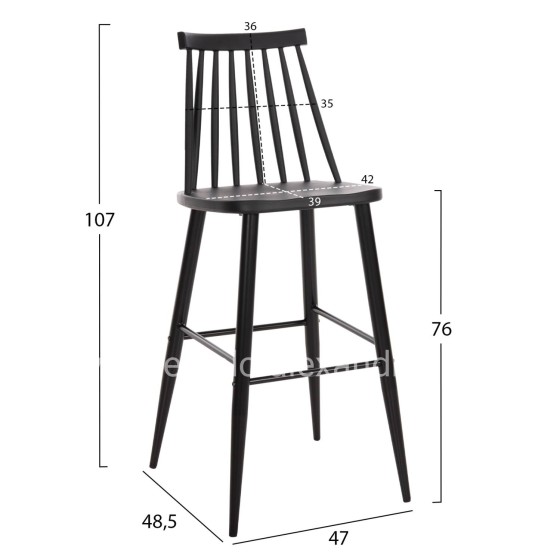 BAR STOOL HIGH SEAT VANESSA HM8459.12 BLACK PP & BLACK METAL LEGS 47x48,5x107Hcm.