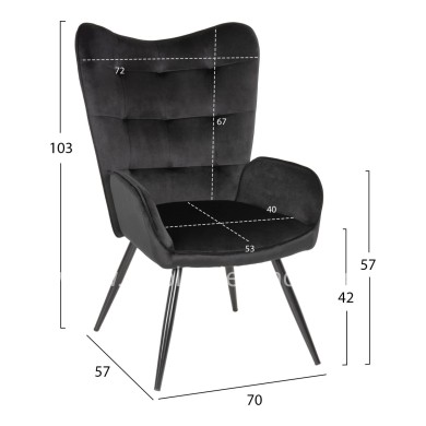 ARMCHAIR WITH FOOTSTOOL CRAWLEY HM8918.04 BLACK VLEVET-METAL LEGS 70x57x103Hcm.