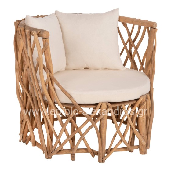 ARMCHAIR KAAN HM5994 TEAK BRANCH IN NATURAL-WHITE CUSHIONS 95x89x80Hcm.