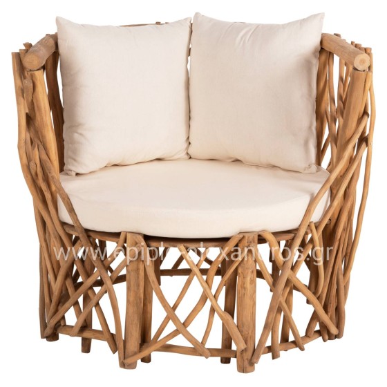 ARMCHAIR KAAN HM5994 TEAK BRANCH IN NATURAL-WHITE CUSHIONS 95x89x80Hcm.