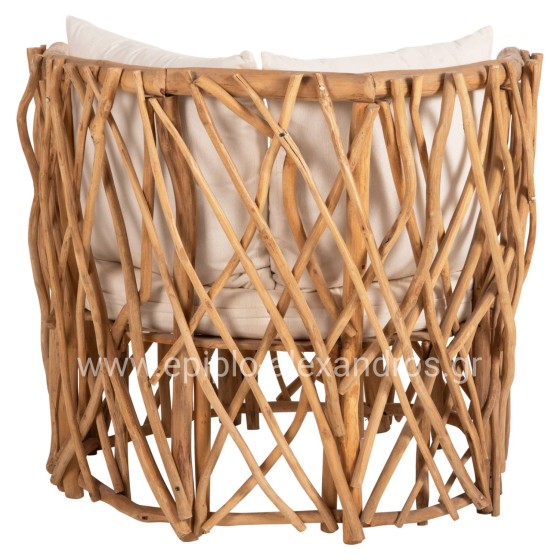 ARMCHAIR KAAN HM5994 TEAK BRANCH IN NATURAL-WHITE CUSHIONS 95x89x80Hcm.