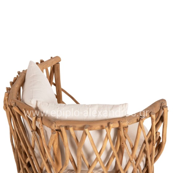 ARMCHAIR KAAN HM5994 TEAK BRANCH IN NATURAL-WHITE CUSHIONS 95x89x80Hcm.