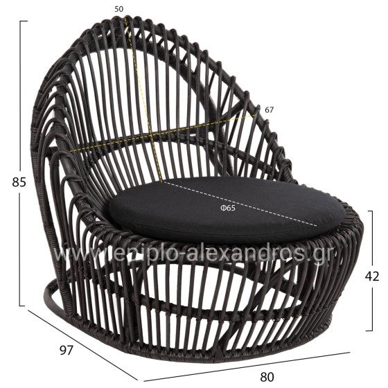 ARMCHAIR ENTROPY HM9840.03 NATURAL POLISHED RATTAN WITH CUSHION-BLACK 80x97x85Hcm.