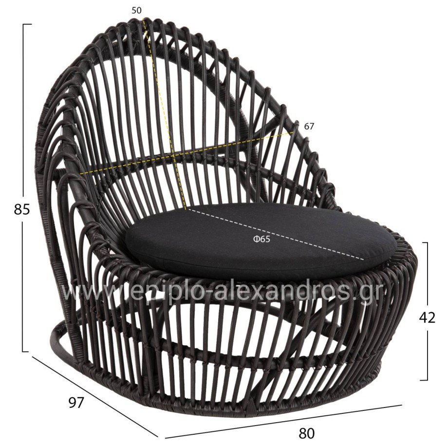 ARMCHAIR ENTROPY HM9840.03 NATURAL POLISHED RATTAN WITH CUSHION-BLACK 80x97x85Hcm.