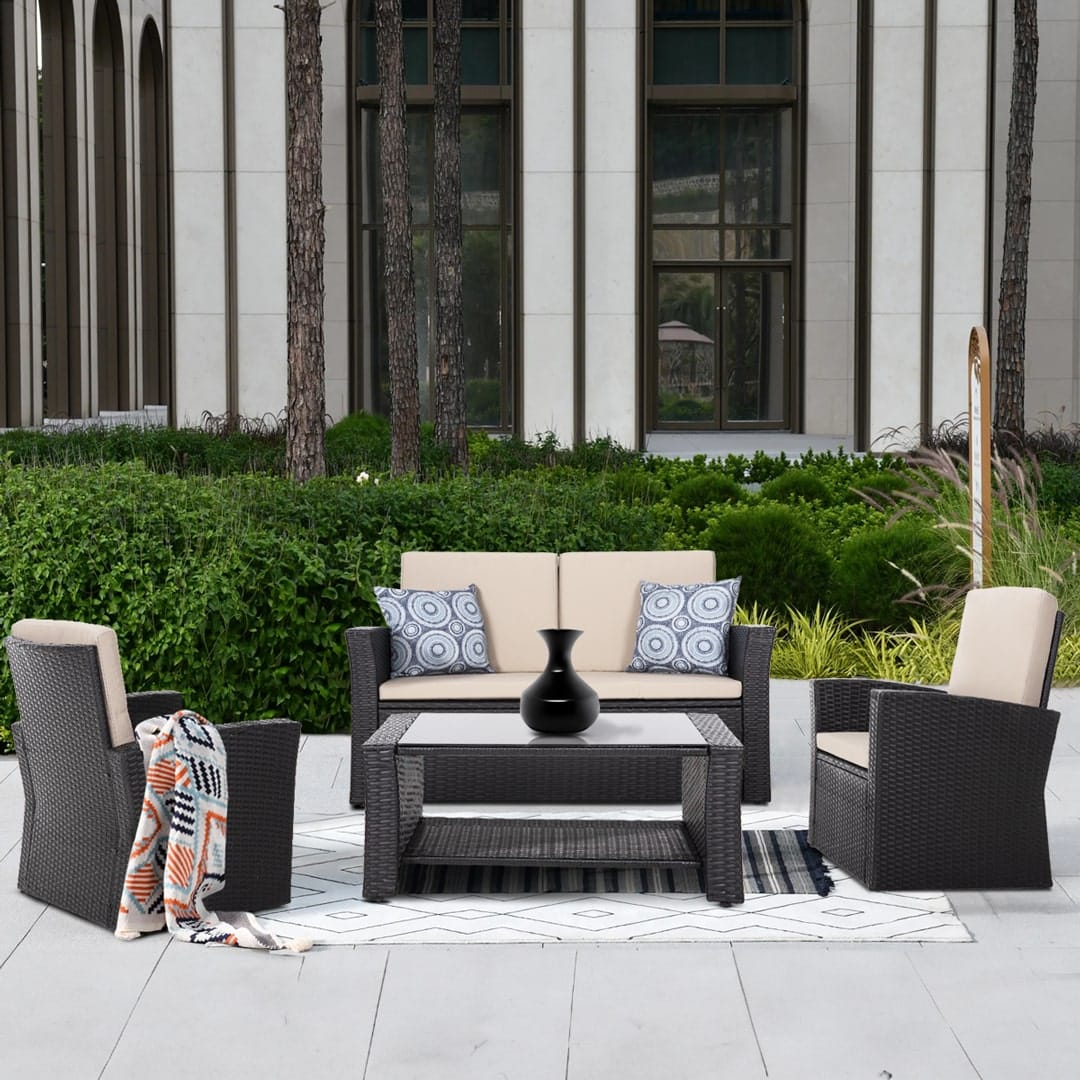 Garden living room set with 2 armchairs and a two seater sofa in black color.