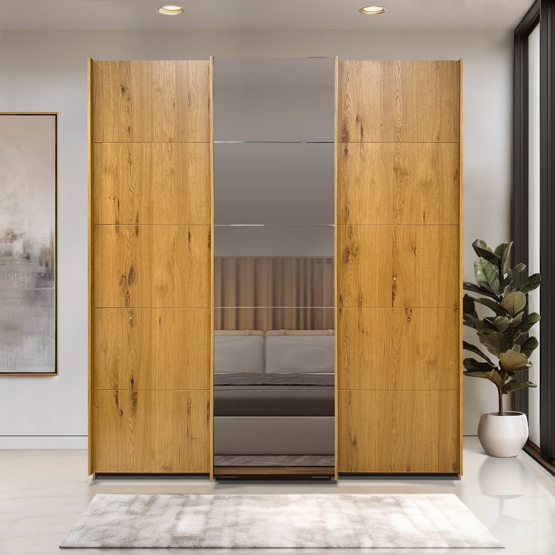 Large handcrafted wooden La Drezery bedroom wardrobe, with a large full-length mirror in the middle.